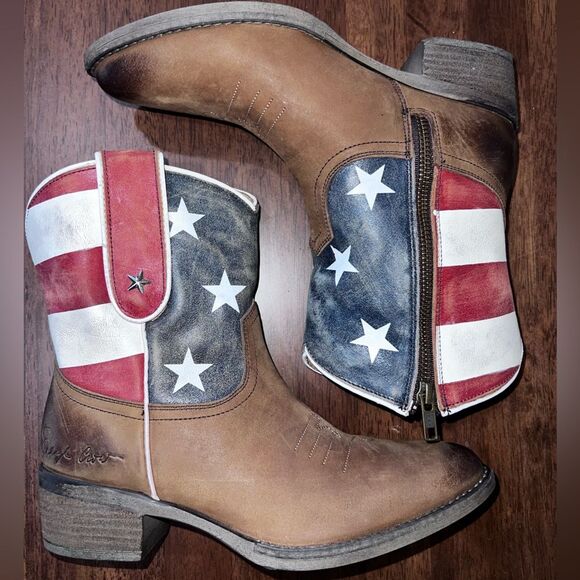 Sheryl Crow Americana Patriot Ankle Western Boots Leather Stars Stripes 7.5 M - Picture 3 of 11
